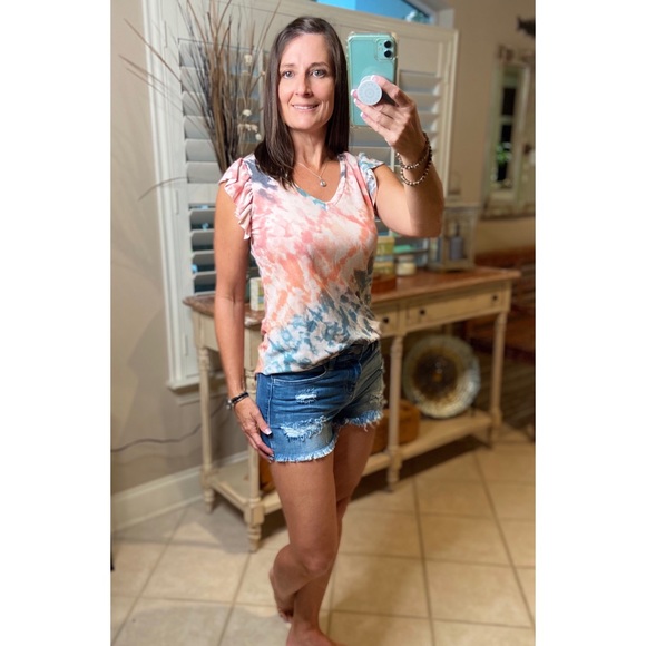 Tie Dye Flutter Ruffle Short Sleeve Coral 3220 - Picture 5 of 6